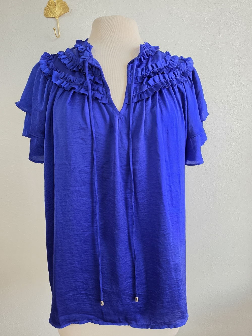 Entro Large Cobalt Blue Ruffle Tiered Sleeve Boho Blouse Top